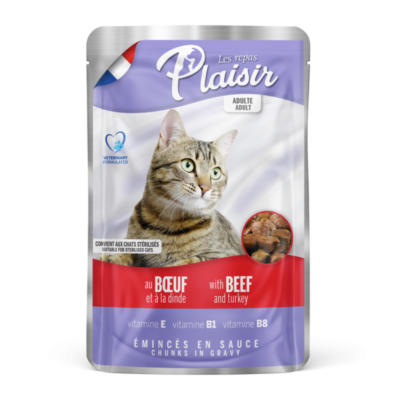 Émincés En Sauce pour chat au beuf & dinde100g Les Repas Plaisir
